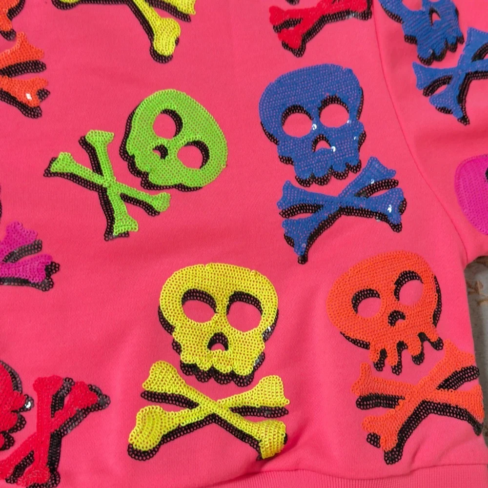 Queen of Sparkle NWT Colorful Skull Sequin Sweatshirt - Picture 6 of 16